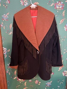 Lorovi Vintage Women’s Western Two-Tone Leather Fringe Wool Coat- USA Made